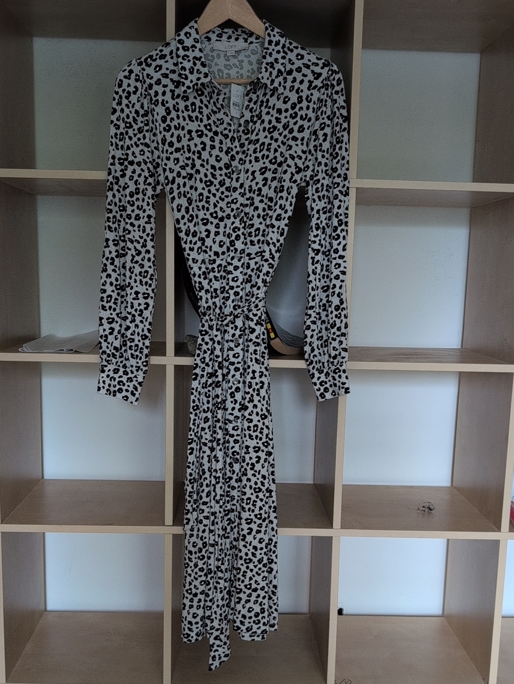 LOFT Long-Sleeve Maxi Shirt Dress - White with Black Leopard Print